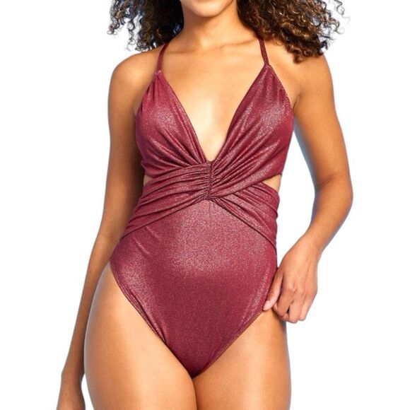NEW Shade & Shore Monokini Plunge Cut Out High Leg Red Lurex One Piece Swimsuit - Picture 1 of 4
